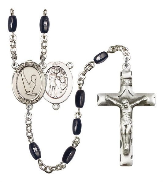St. Sebastian / Gymnastics Rosary, 8x5mm Black Onyx Beads, Silver Plate, # 12881