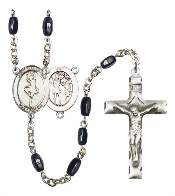 St. Sebastian / Dance Rosary, 8x5mm Black Onyx Beads, Silver Plate, # 12882