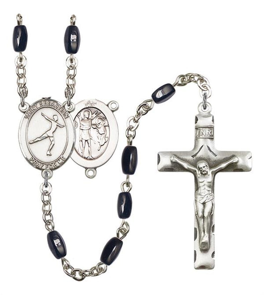 St. Sebastian / Figure Skating Rosary, 8x5mm Black Onyx Beads, Silver Plate, # 12886