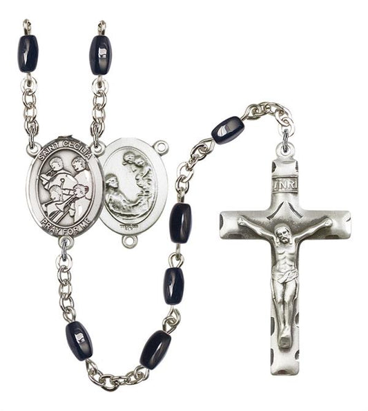 St. Cecilia / Marching Band Rosary, 8x5mm Black Onyx Beads, Silver Plate, # 12888