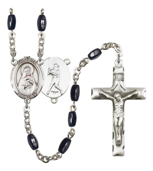 St. Rita / Baseball Rosary, 8x5mm Black Onyx Beads, Silver Plate, # 12890