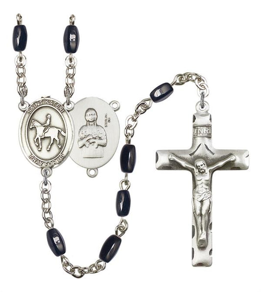 St. Kateri / Equestrian Rosary, 8x5mm Black Onyx Beads, Silver Plate, # 12891