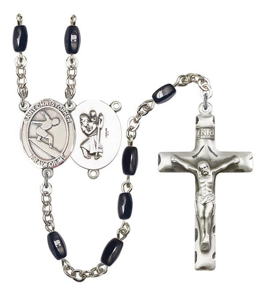 St. Christopher / Surfing Rosary, 8x5mm Black Onyx Beads, Silver Plate, # 12893