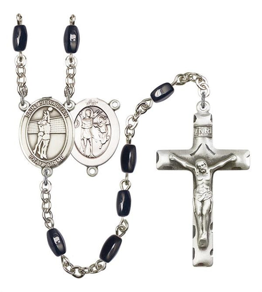 St. Sebastian / Women's Volleyball Rosary, 8x5mm Black Onyx Beads, Silver Plate, # 12895