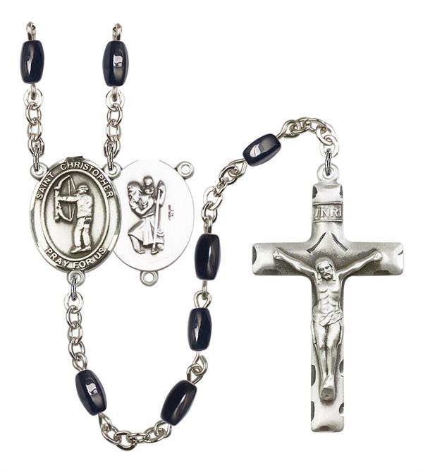 St. Christopher / Archery Rosary, 8x5mm Black Onyx Beads, Silver Plate, # 12899