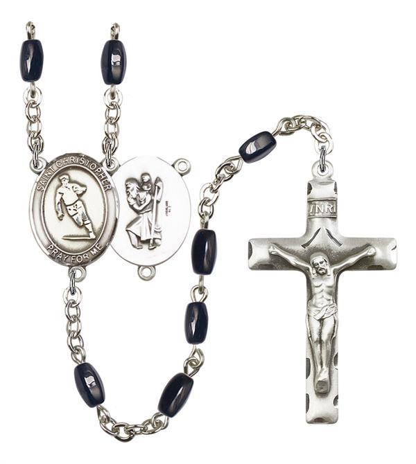 St. Christopher / Rugby Rosary, 8x5mm Black Onyx Beads, Silver Plate, # 12903