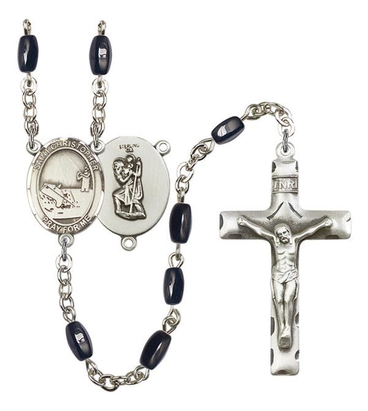 St. Christopher / Fishing Rosary, 8x5mm Black Onyx Beads, Silver Plate, # 12905
