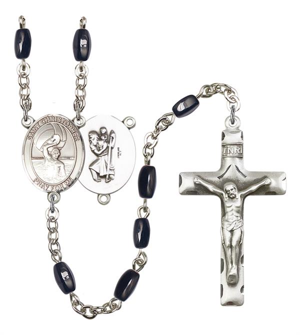 St. Christopher / Men's Water Polo Rosary, 8x5mm Black Onyx Beads, Silver Plate, # 12907