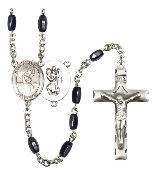 St. Christopher / Men's Water Polo Rosary, 8x5mm Black Onyx Beads, Silver Plate, # 12907