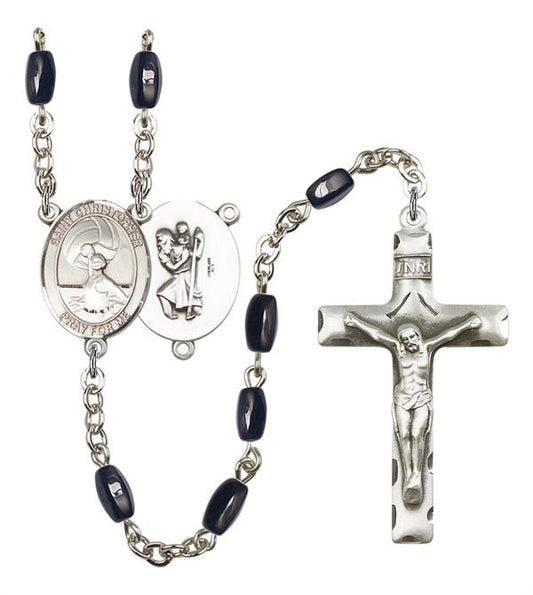 St. Christopher / Women's Water Polo Rosary, 8x5mm Black Onyx Beads, Silver Plate, # 12908