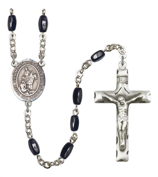 San Martin Caballero Spanish Rosary, 8x5mm Black Onyx Beads, Silver Plate, # 12910