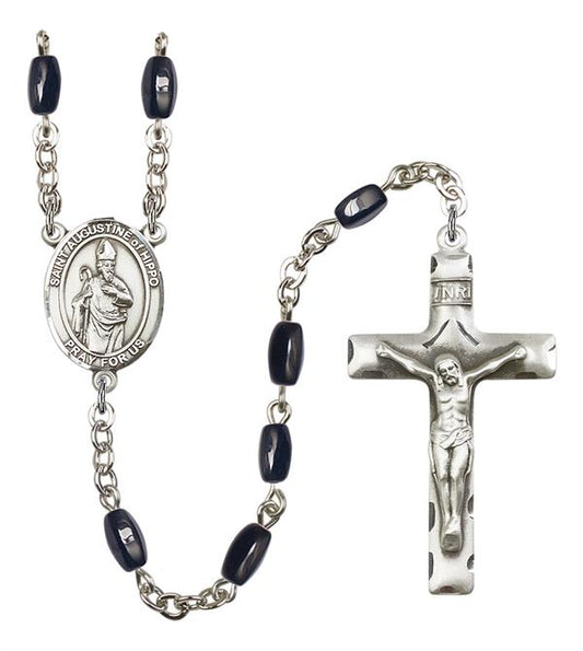 St. Augustine of Hippo Rosary, 8x5mm Black Onyx Beads, Silver Plate, # 12912