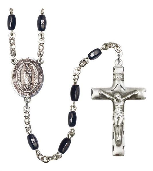 Virgen de Guadalupe Spanish Rosary, 8x5mm Black Onyx Beads, Silver Plate, # 12918