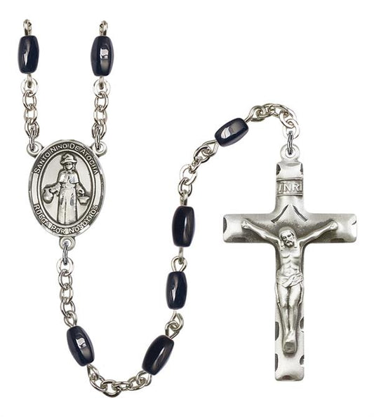 St. Nino de Atocha Spanish Rosary, 8x5mm Black Onyx Beads, Silver Plate, # 12928
