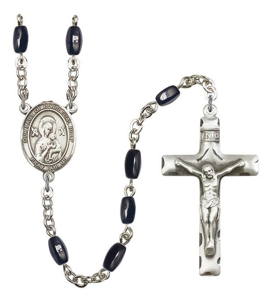 Our Lady of Perpetual Help Rosary, 8x5mm Black Onyx Beads, Silver Plate, # 12937