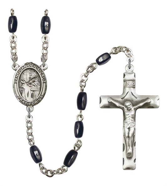 San Juan de la Cruz Rosary, 8x5mm Black Onyx Beads, Silver Plate, # 12947