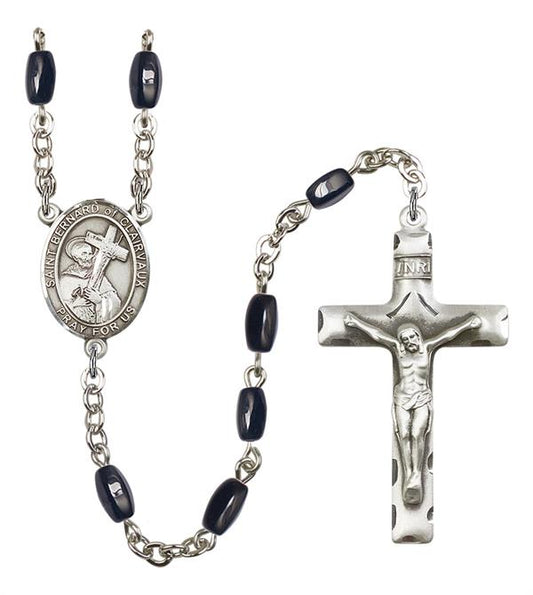 St. Bernard of Clairvaux Rosary, 8x5mm Black Onyx Beads, Silver Plate, # 12948