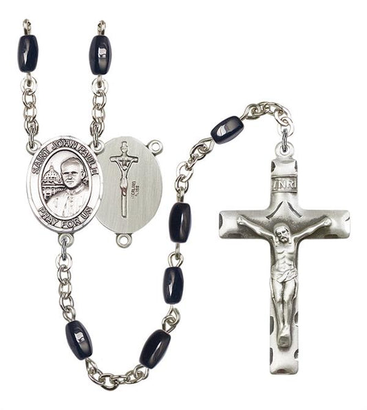 St. John Paul II Rosary, 8x5mm Black Onyx Beads, Silver Plate, # 12949