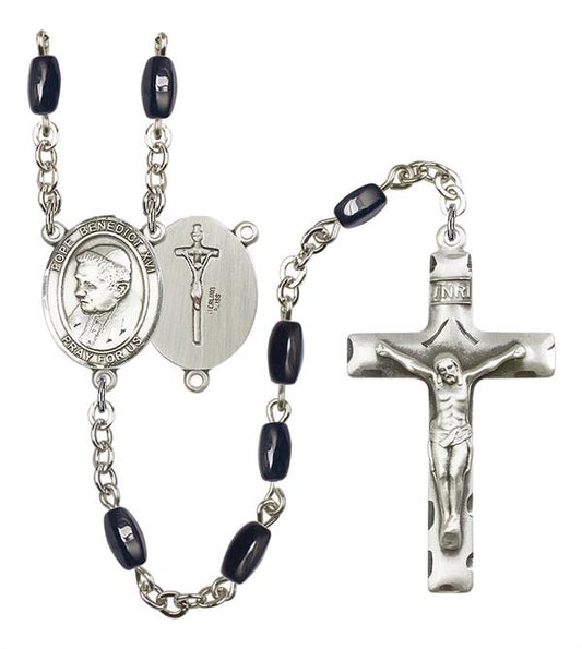 Pope Benedict XVI Rosary, 8x5mm Black Onyx Beads, Silver Plate, # 12950