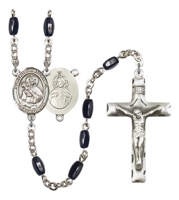 Our Lady of Mount Carmel Rosary, 8x5mm Black Onyx Beads, Silver Plate, # 12958