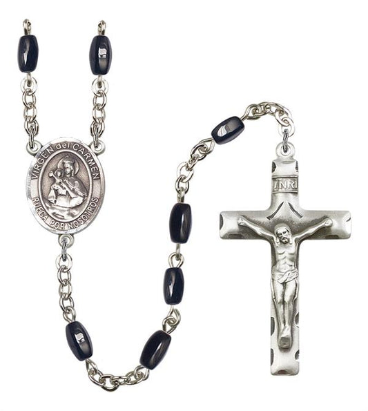 Virgen del Carmen Spanish Rosary, 8x5mm Black Onyx Beads, Silver Plate, # 12959