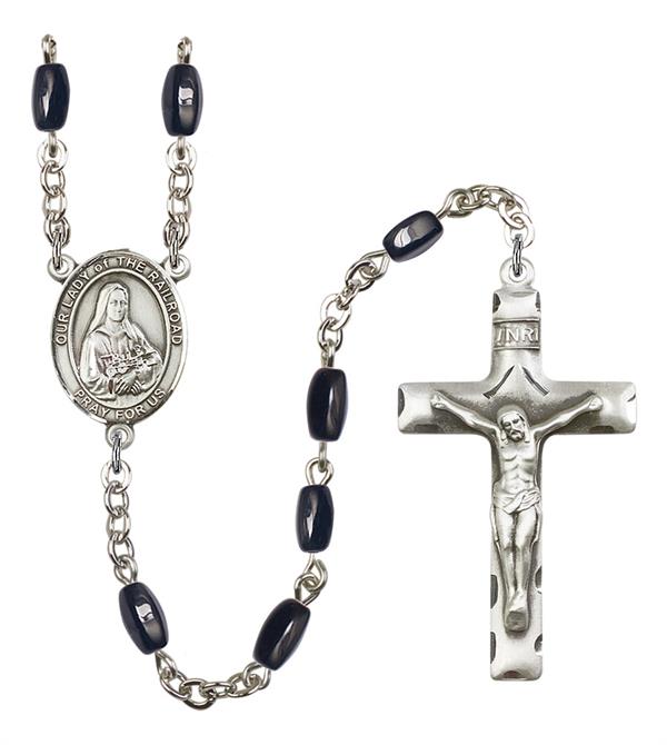 Our Lady of the Railroad Rosary, 8x5mm Black Onyx Beads, Silver Plate, # 12963
