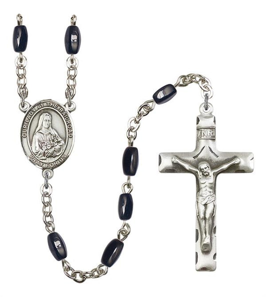 Our Lady of the Railroad Rosary, 8x5mm Black Onyx Beads, Silver Plate, # 12963