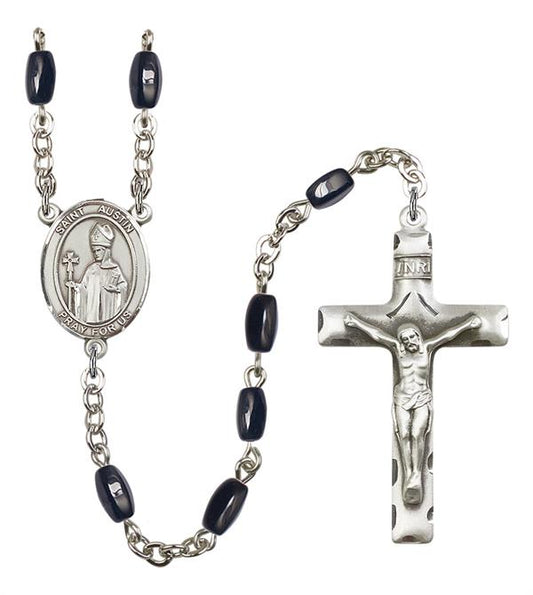 St. Austin Rosary, 8x5mm Black Onyx Beads, Silver Plate, # 12974