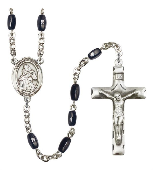 St. Isaiah Rosary, 8x5mm Black Onyx Beads, Silver Plate, # 12976