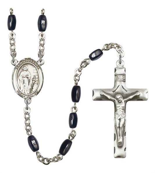 St. Susanna Rosary, 8x5mm Black Onyx Beads, Silver Plate, # 12999