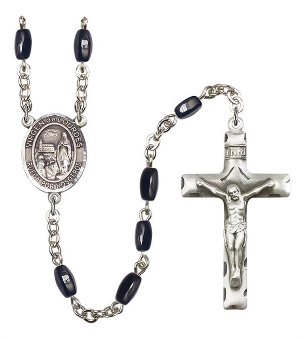 Virgen del Lourdes Spanish Rosary, 8x5mm Black Onyx Beads, Silver Plate, # 13008