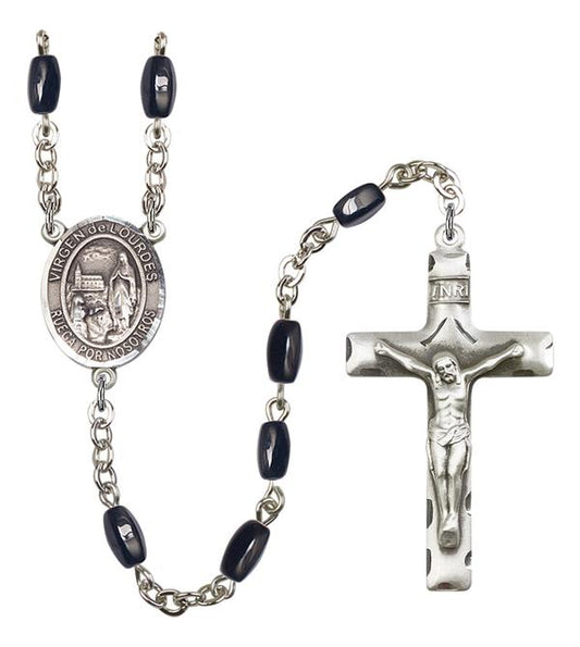 Virgen del Lourdes Spanish Rosary, 8x5mm Black Onyx Beads, Silver Plate, # 13008