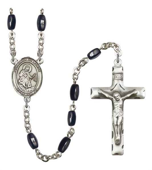 Our Lady of Mercy Rosary, 8x5mm Black Onyx Beads, Silver Plate, # 13009