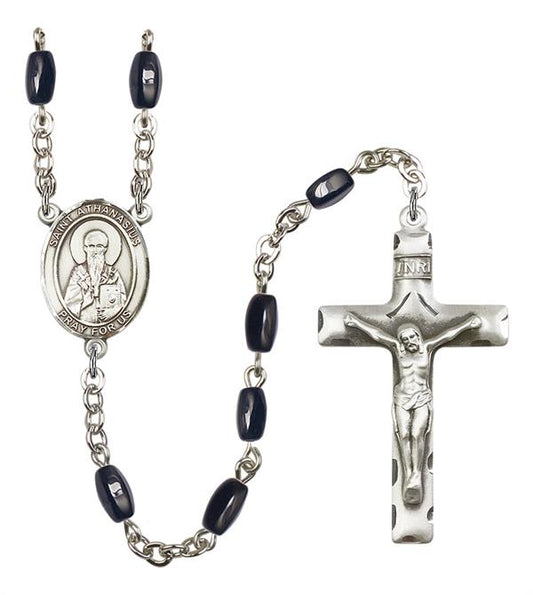 St. Athanasius Rosary, 8x5mm Black Onyx Beads, Silver Plate, # 13017
