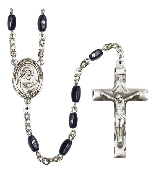 St. Bede the Venerable Rosary, 8x5mm Black Onyx Beads, Silver Plate, # 13023