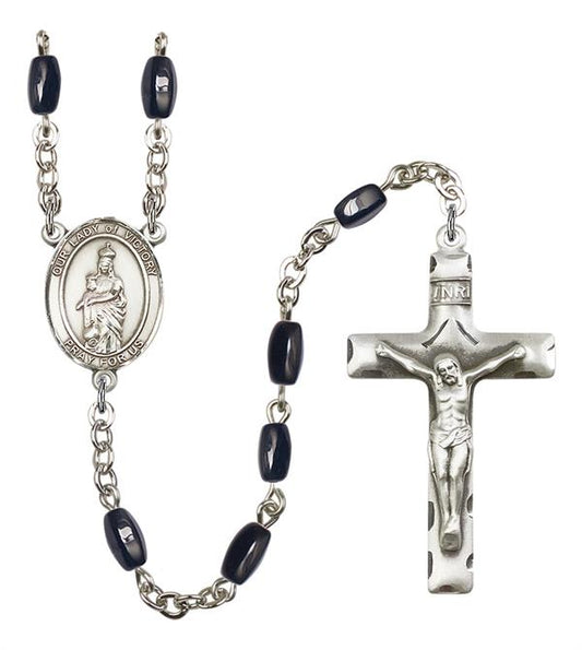 Our Lady of Victory Rosary, 8x5mm Black Onyx Beads, Silver Plate, # 13027