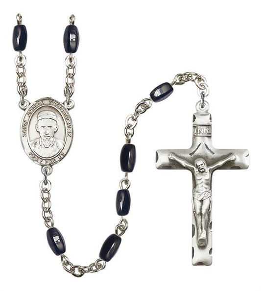 St. Joseph Freinademetz Rosary, 8x5mm Black Onyx Beads, Silver Plate, # 13049
