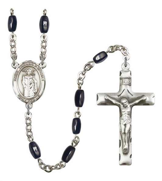 St. Thomas A Becket Rosary, 8x5mm Black Onyx Beads, Silver Plate, # 13067