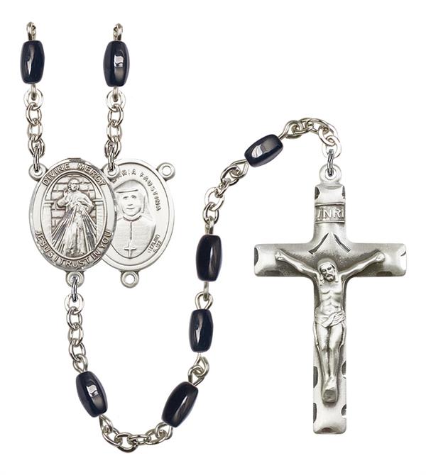 Divine Mercy Rosary, 8x5mm Black Onyx Beads, Silver Plate, # 13095
