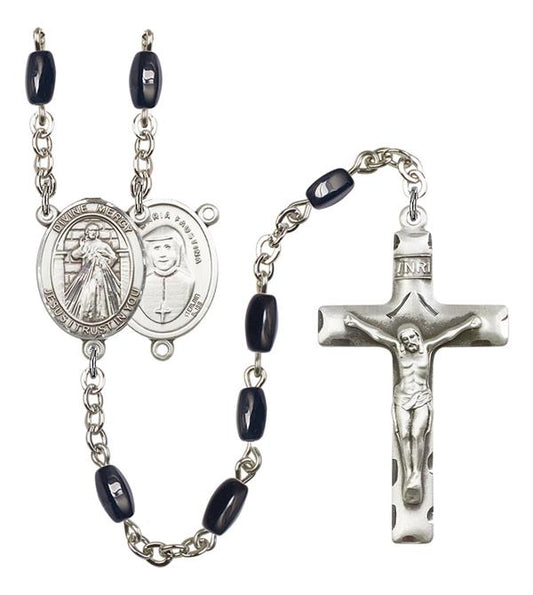 Divine Mercy Rosary, 8x5mm Black Onyx Beads, Silver Plate, # 13095