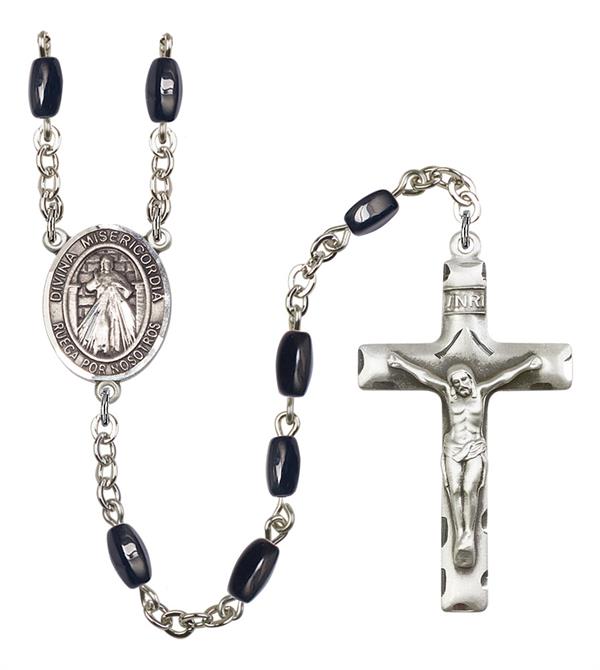 Divina Misericordia Spanish Rosary, 8x5mm Black Onyx Beads, Silver Plate, # 13096
