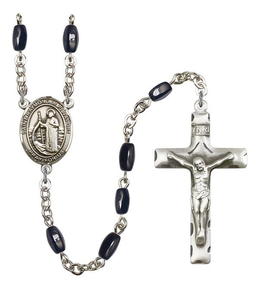 St. Raymond of Penafort Rosary, 8x5mm Black Onyx Beads, Silver Plate, # 13119