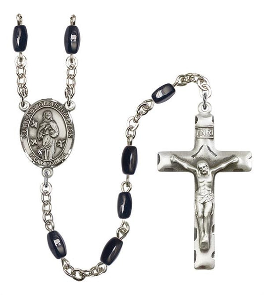 Our Lady of the Assumption Rosary, 8x5mm Black Onyx Beads, Silver Plate, # 13124