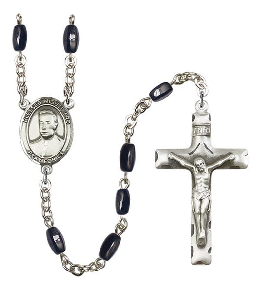 Blessed Miguel Pro Rosary, 8x5mm Black Onyx Beads, Silver Plate, # 13126