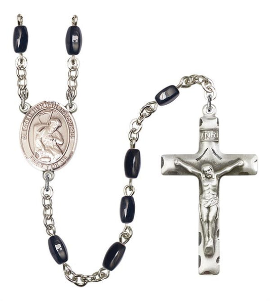 Blessed Herman the Cripple Rosary, 8x5mm Black Onyx Beads, Silver Plate, # 13139
