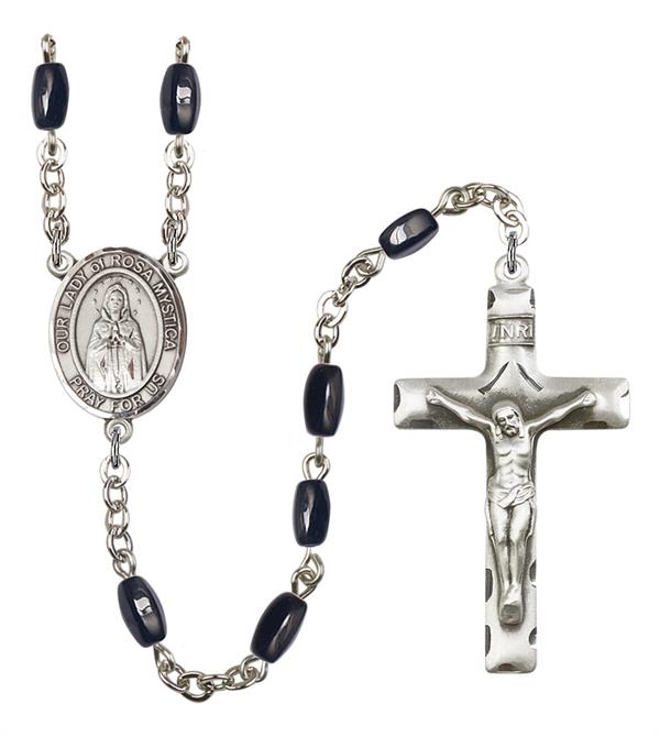 Our Lady of Rosa Mystica Rosary, 8x5mm Black Onyx Beads, Silver Plate, # 13149