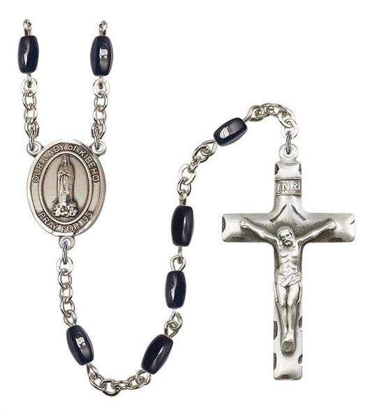 Our Lady of Kibeho Rosary, 8x5mm Black Onyx Beads, Silver Plate, # 13151