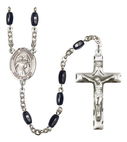 St. Theodore Stratelates Rosary, 8x5mm Black Onyx Beads, Silver Plate, # 13152