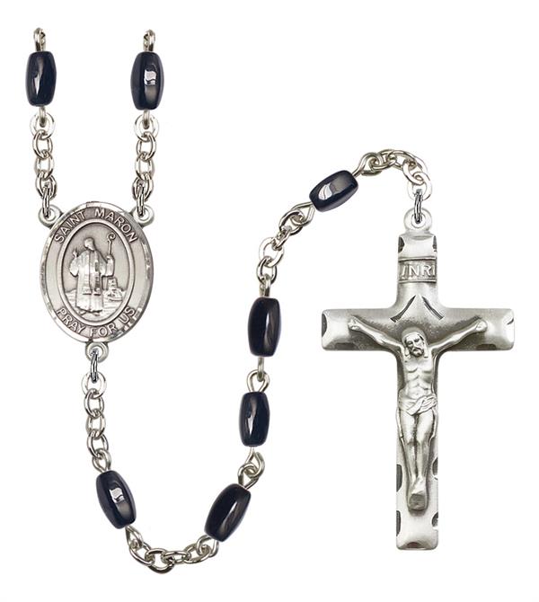 St. Maron Rosary, 8x5mm Black Onyx Beads, Silver Plate, # 13154