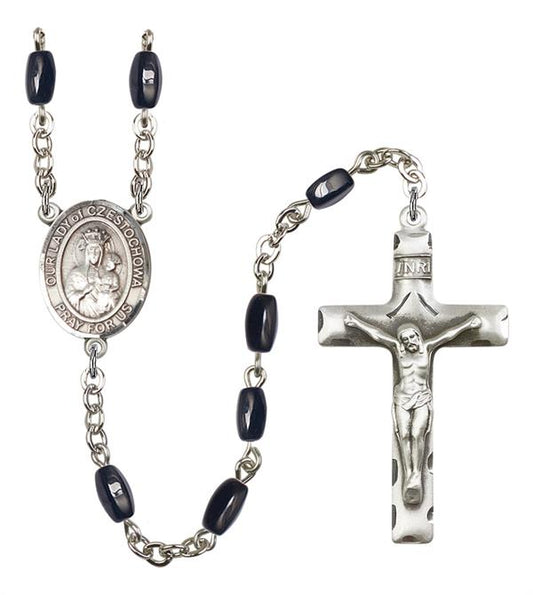 Our Lady of Czestochowa Rosary, 8x5mm Black Onyx Beads, Silver Plate, # 13158